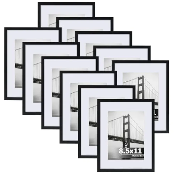 CRUGLA 8.5x11 Picture Frames Set of 11, Display Pictures 6x8 with Mat or 8.5 by 11 without Mat, Certificate Diploma Photo Wall or Tabletop Display, Black