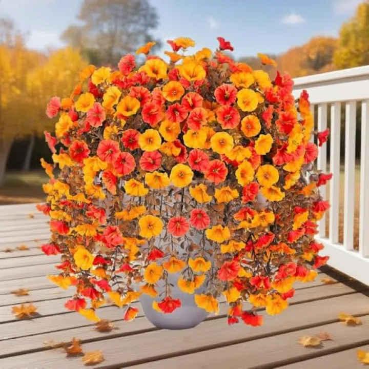 Aiinoo 4PCS Artificial Morning Glory Flowers with Eucalyptus Bouquet Lifelike UV Resistant Fake Plants Silk Hanging Flowers for Outdoor Yard Porch Patio Balcony Home Decor (Orange&Yellow)