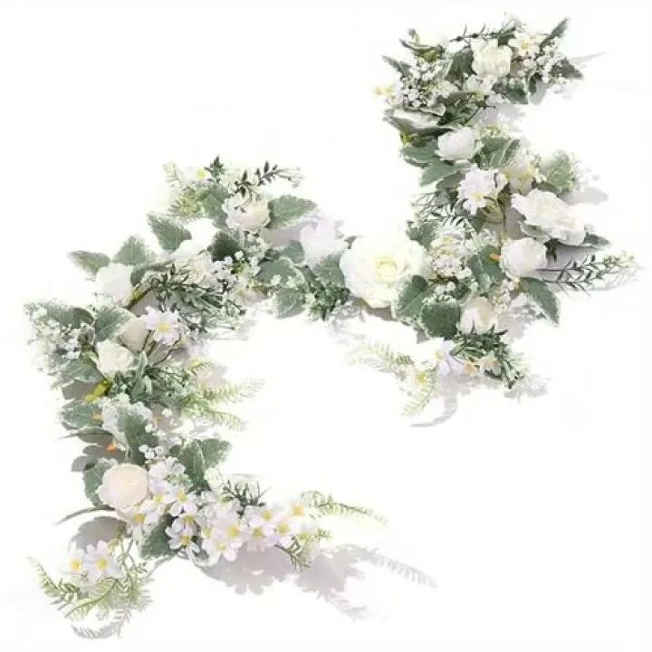 6FT Artificial Flower Rose Leaves Floral Garland Ivory Arch Flowers Vine for Wedding Party Backdrop Decor Mantel Home Table Centerpieces Wall and Garden Decorations（White）