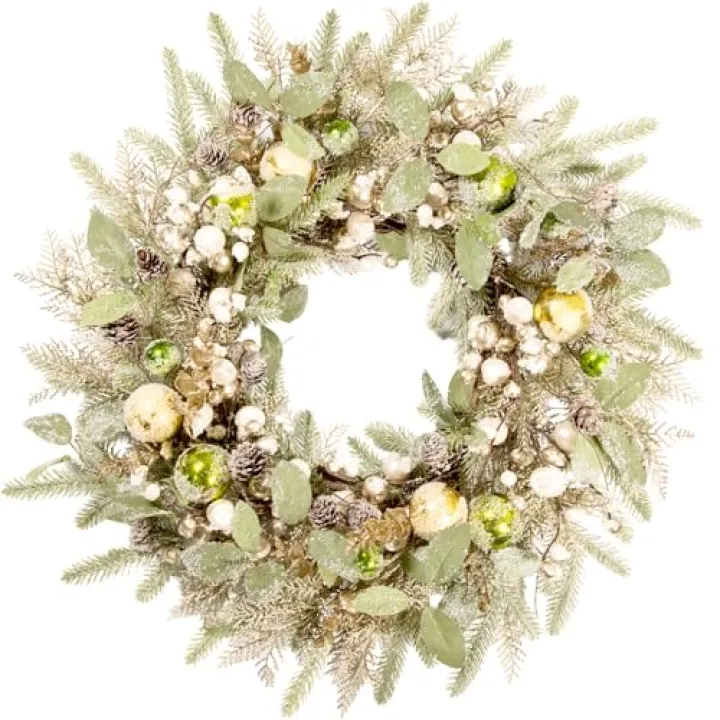 wwmira 24 Inch Christmas Wreath for Front Door, Glittery Gold and Green Artificial Winter Wreath with Pine Needle, Pine Cones, White& Gold Berries,Indoor Outdoor Holiday Decor for Porch, Wall
