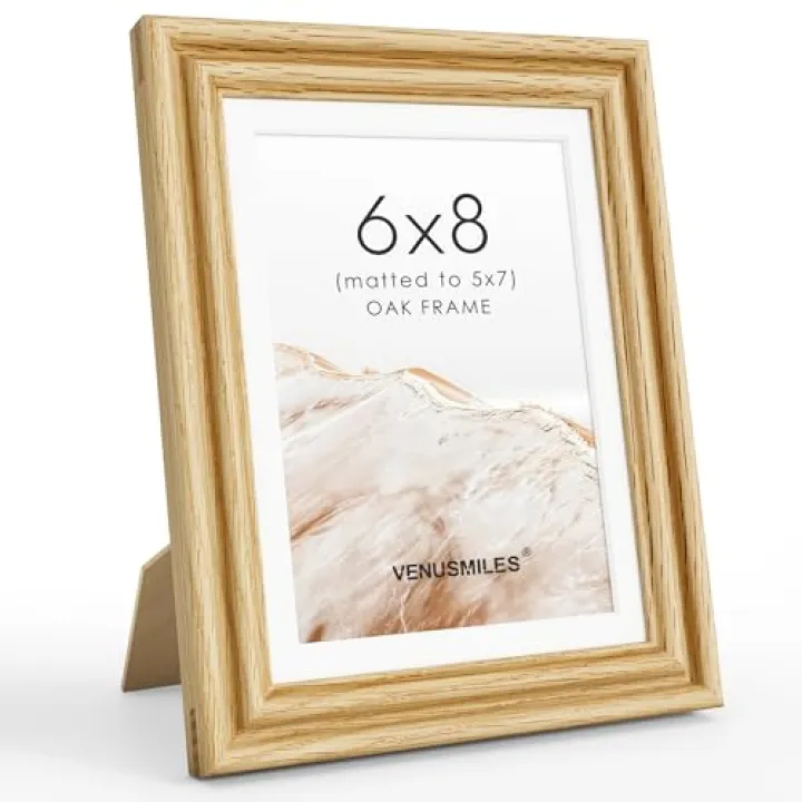 6x8 Picture Frame with Mat Adaptable Display Size for 5x7, Natural Solid Oak Wood Frame, HD Tempered Glass, Mortise and Tenon Nail Free Joint, Table-top or Wall Display, Horizontally & Vertically