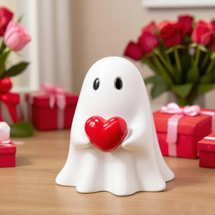 Muxiziu Valentines Ghost Figurine - 3.5 in Spooky Resin Ghost Statue, Funny Cute Red Heart Ghost Valentines Decor for Valentines Day Decoration for Home, Best Valentines Day Gifts for Him Her