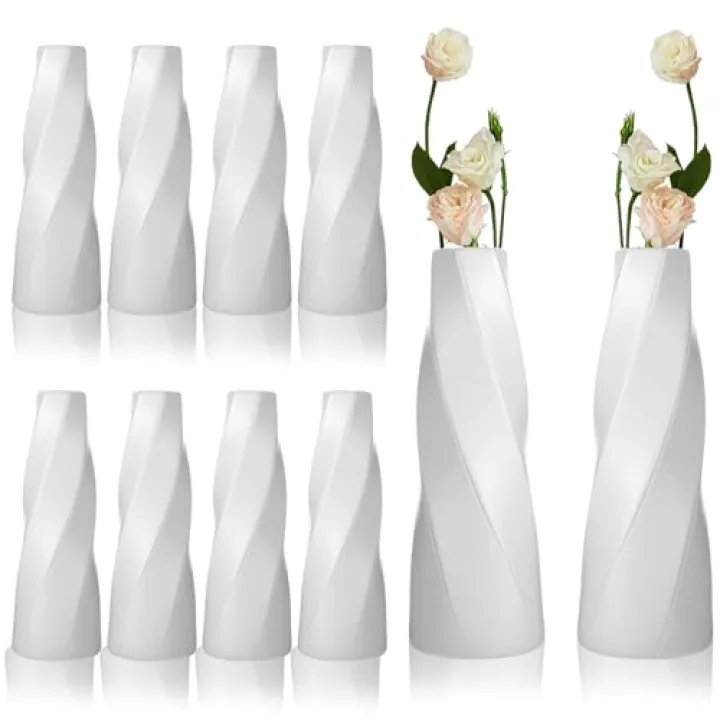 10 Pack Composite Plastic Flower Vase 8" Small Tall White Floral Vase Plastic Flower Vases for Centerpieces Unbreakable Vases for Wedding Dinner Table Party Office Living Room Bedroom Decor