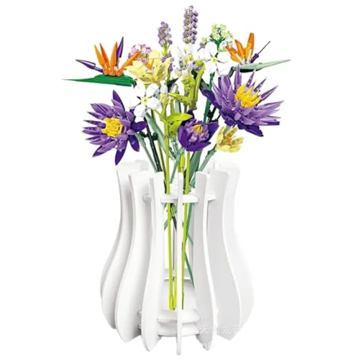 Vase for Lego Flowers, Wooden Puzzle Flower Vase for Lego Flower and Artificial Flowers, Display Stand for Bouquet Building Set, Decoration for Homes and Offices, Gifts for Lego Lovers.