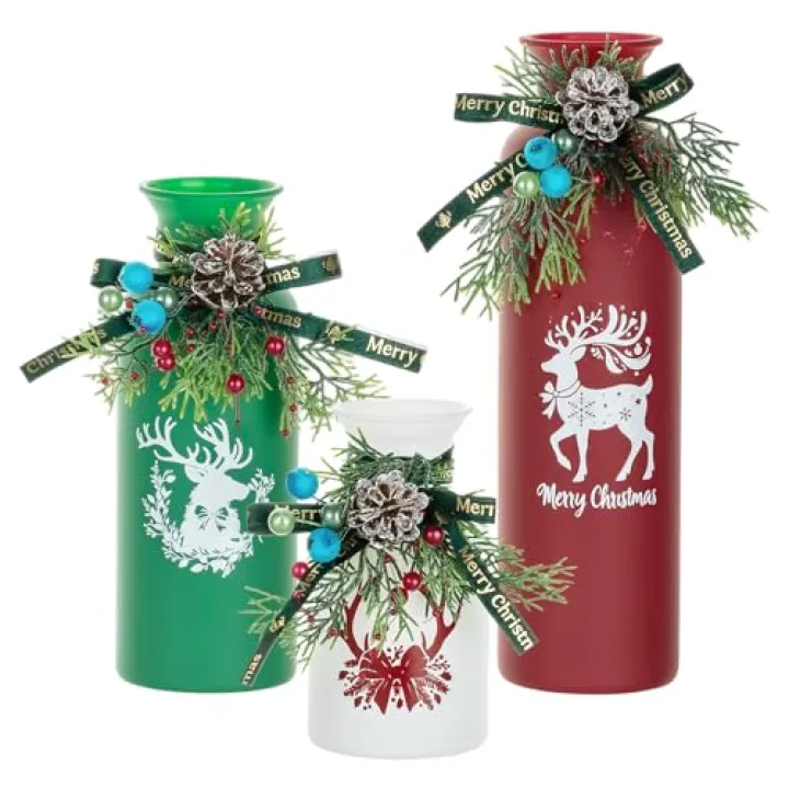 Glasseam Glass Christmas Vase for Decor - Set of 3 Flower Bud Vases with Reindeer - Colored Vases with Hanging Xmas Ornament for Holiday Home Decorations - Unique for Women