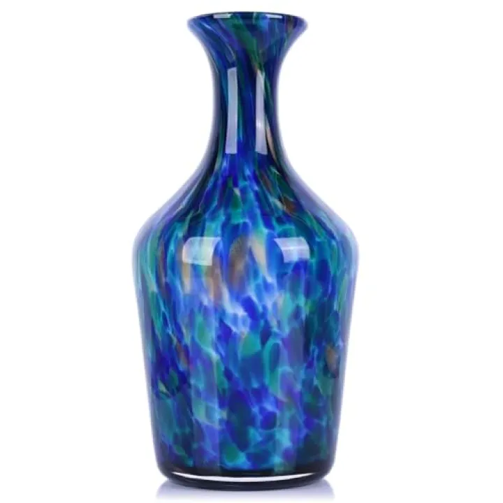 Hand Blown Glass Vase Teal Mosaic (Blue Green Splash) – Murano Inspired Art Glass Vase with Wide Mouth for Flowers, Bubble Vase, Coastal Centerpiece for Dining Room or Living Room (Blue)
