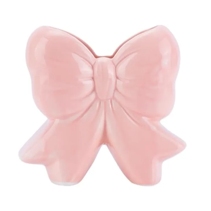 FREEBLOSS Pink Bow Ceramic Vase Pen Holder Coquette Ceramic Vase Makeup Brush Holder Pink Bow Design Decorative Women Gifts for Home Table Room Decor, 5" L x 2.4" W x 4.6" H