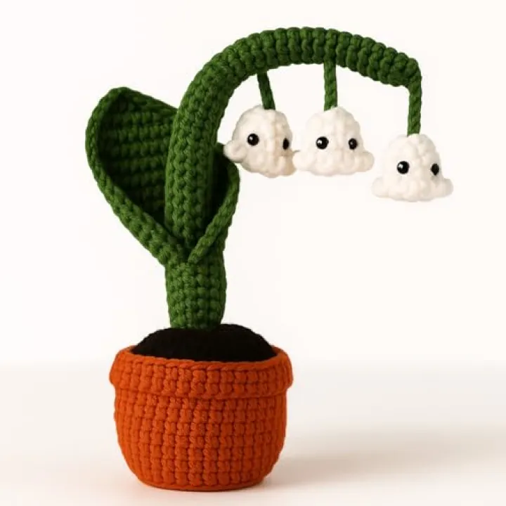 Suncalla Halloween Crochet Ghost Lily of The Valley in Pot Mini Artificial Flowers Crochet Gift Knitted Plant for Birthday Halloween Cute Desk Table Office Car Home Decor