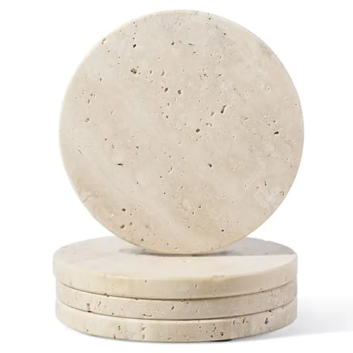 Koville Travertine Coasters, Marble Coaster Set of 4 for Drinks, 4" Round Stone Coasters Set Heat Resistant, Decorative Modern Cup Coaster for Coffee Table Home Bar Decor, Unique Gift Choice(Beige)
