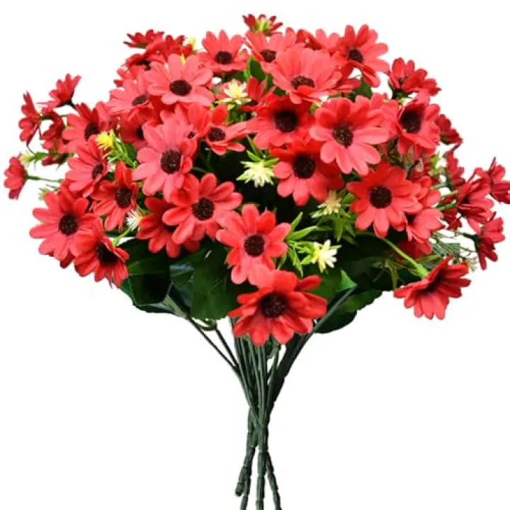 HONVONTU Artificial Flowers for Outdoors 8PCS Fake Sunflowers Spring Red Cemetery Flowers Faux Gerbera Daisy Summer Hanging Flowers Baskets for Kitchen Porch Garden Patio Yard Outside Grave Décor