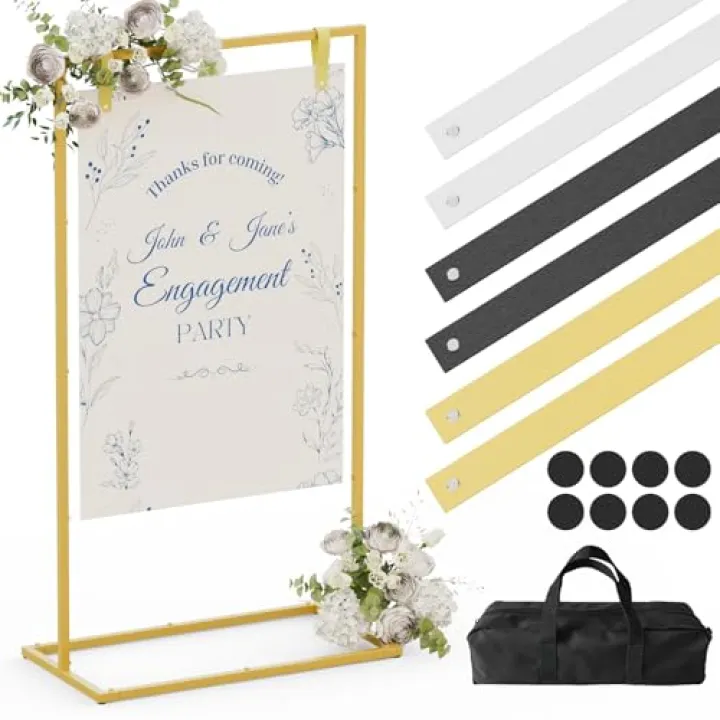 HzTinT Wedding Sign Stand, Adjustable Wedding Welcome Sign Stand with Carry Bag, Leather Hanging Straps, 8 Floor Pads - Gold Easel Stand for Seating Charts & Wedding Decor