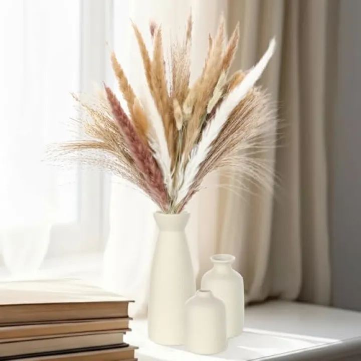 LemonRoad Ceramic Vase Set of 6 with 100 Pcs Dried Pampas Grass Flowers, Modern Boho Farmhouse Decor Beige Vase Home Table Centerpiece Decor for Wedding TV Stand Living Room Bedroom Office