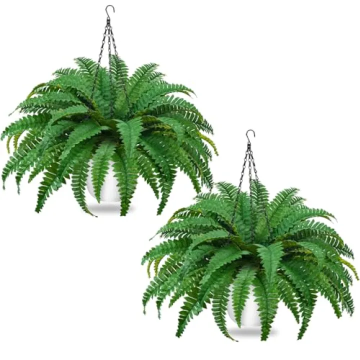 COEWUR 2Pack Artificial Boston Ferns Hanging Plants 23.6'' Fake Silk Fern 50 Leaves That Look Real in Pots for Outdoors & Indoor Faux Potted Plant for Home Porch Patio Garden Decor