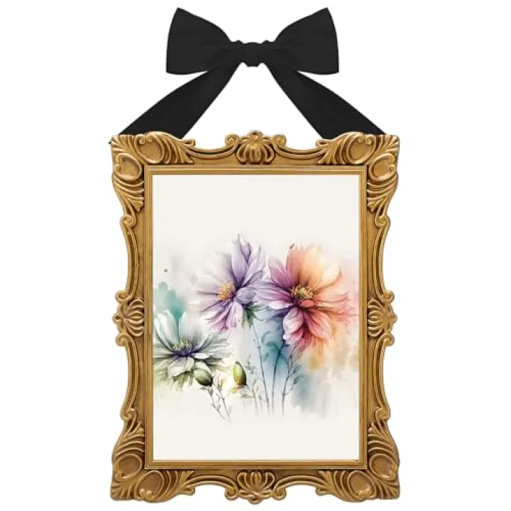 Leinuosen 5 x 7 Inch Resin Vintage Gold Bow Picture Frame Antique Gold Picture Frame Wall Mount Textured Rectangle Photo Holder Decorative Wall Hanging for Valentines Gift Home Office Decor(Black)
