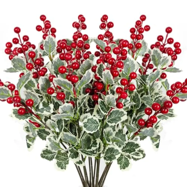 Guagb 10 Pcs Christmas Flowers Artificial Red Berry Picks Decor, Holly Berries Stems, Christmas Tree Decoration, Winter Bouquet Silk Floral Arrangements Home Outdoor Indoor Ornaments