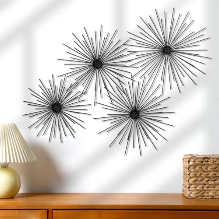 Shimeyao 4 Pcs Metal Starburst Wall Decor Black Metal Wall Art 3D Spike Bling Finish Star Burst Hangings Accents Sculptures Set Modern Mid Century Decorations for Living Room Bedroom Entryway