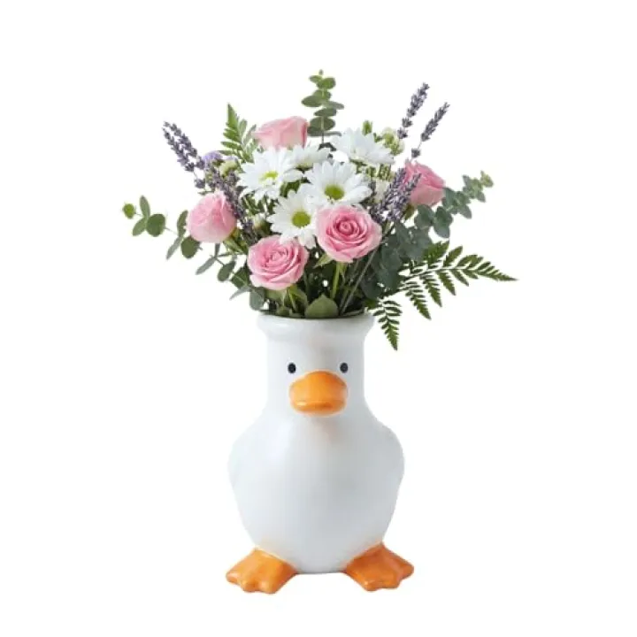 COEAZY Ceramic Duck Vase – 6" Matte Beige Handmade Animal Flower Vase for Fresh & Dried Flowers, Cute Home Decor, Unique Shelf Decoration, Fun Gift for Animal Lovers & Creative Living Spaces