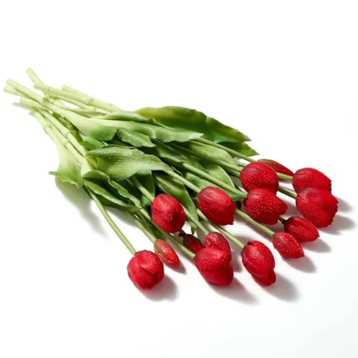 Pmyra 15Pcs Fake Tulips Artificial Flowers Real Touch Latex Bouquet Faux Tulips for Centerpiece Arrangements Wedding Party Home Décor (Hot Red)