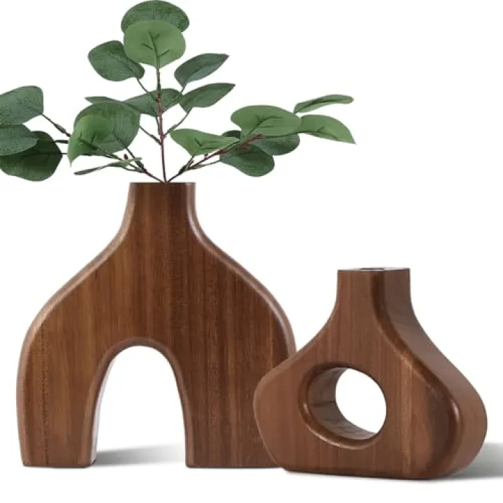 2 Set Wooden Vases for Home Decor, Farmhouse Rustic Fall Small Wood Vase for Flowers and Plants, Modern Scandinavian Rustic Wooden Vase Home Decor for Centerpieces, Table, Living-Room, Dining Room