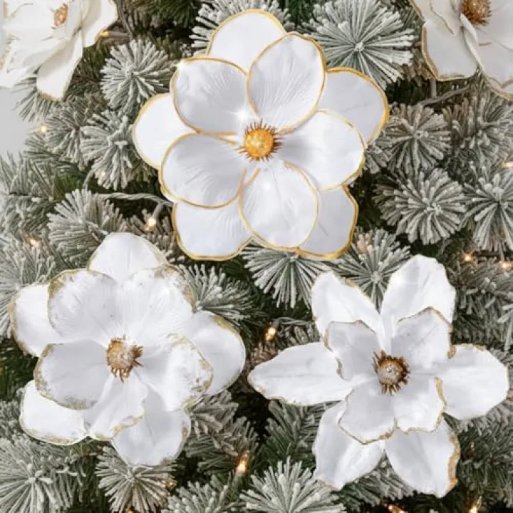 Suncalla 12 Pcs 9'' Large Velvet Christmas Magnolia Flower Artificial Poinsettia Ornaments Flower Glitter Xmas Decoration for Christmas Tree Party Holiday Decor(White)