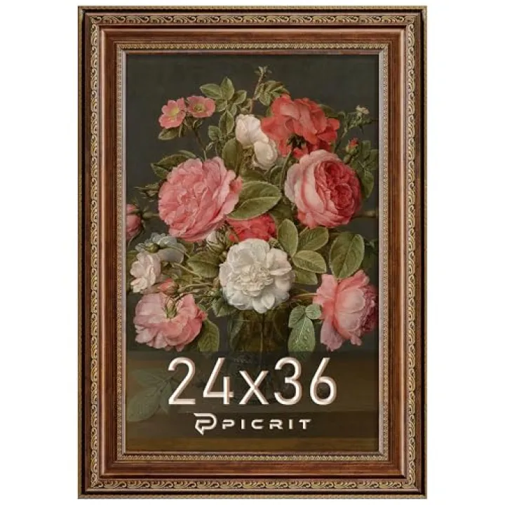 Picrit 24x36 Antique Gold Bronze Poster Frame, 2.75 Inch Wide Ornate Border Victorian Style - Wall Mountable Photo Frame for Gallery Art & Home Decor, 1 Pack