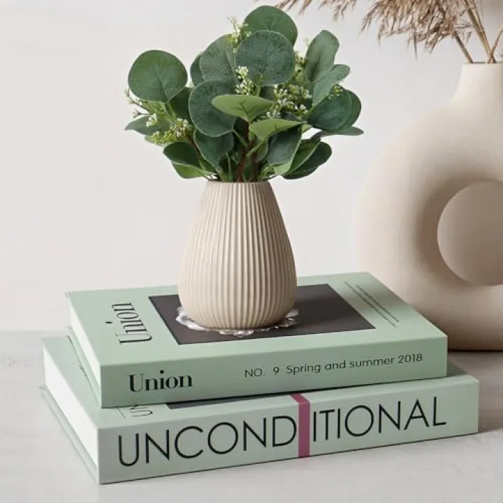 Decorative Books, Set of 2 Elegant Fake Book with Artificial Eucalyptus for Home Decor- Enhance Coffee Table, Bookshelf, Entryway, Mantel Decor-Beautiful Faux Books for Photo Storage, or Keepsake Box