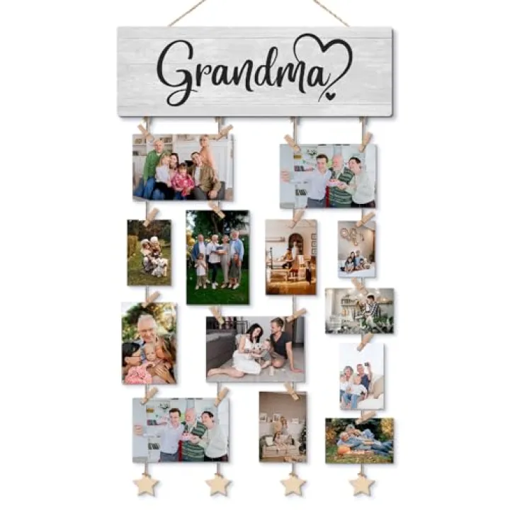 ELMCH Grandma Picture Frame Photo Hanging Display with Clips, Gifts for Grandma from Grandkids Grandsons Granddaughters, Grandmother Gifts Picture Board Photo Holder for Wall Decor