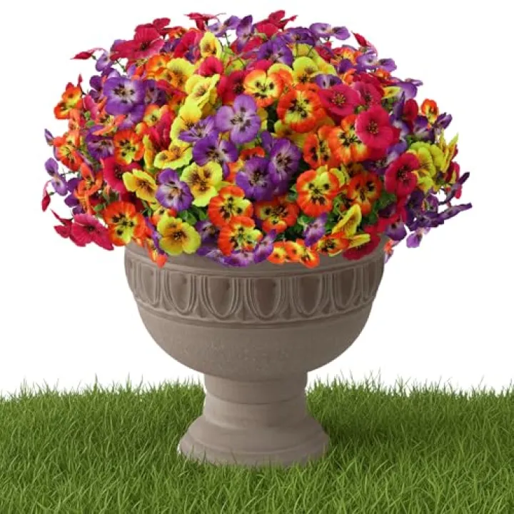 Abyjifar Artificial Pansy Flowers Outdoor Fake Plants, Faux UV Resistant Silk Fake Pansies Flowers for Home Garden Front Door Yard Porch Patio Window Box Decor 18 Bundles (Red Purple Yellow Orange)
