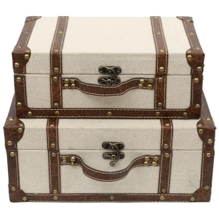 SwallowLiving Decorative Vintage Suitcase Set of 2, Wooden Storage Trunk Boxes with Faux Leather Straps and Metal Latch, Rustic Decorative Boxes for Home Office Desk and Shelf Organization