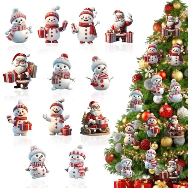 12 Pcs Christmas Tree Decorations Xmas Snowman Hanging Ornaments Cute Cartoon Snowmen Santa Claus Ornaments Designs Mini Acrylic Hanging Ornament Christmas Tree Ornaments for Holiday Party Decor