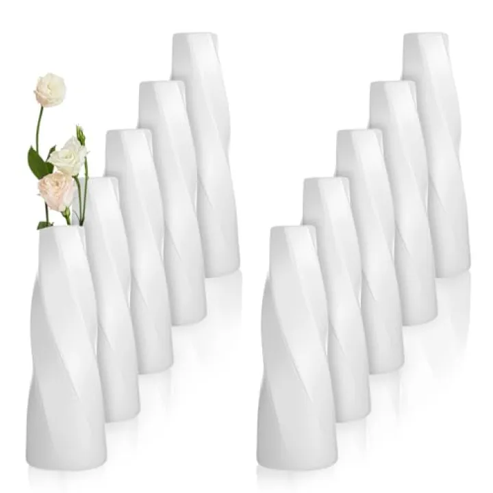 10 Pack Small Plastic Vases for Flowers, White Vases for Centerpieces - Composite PP Material Unbreakable Floral Arrangement Containers for Wedding Party Home Decor (8 x 2.9 Inches)
