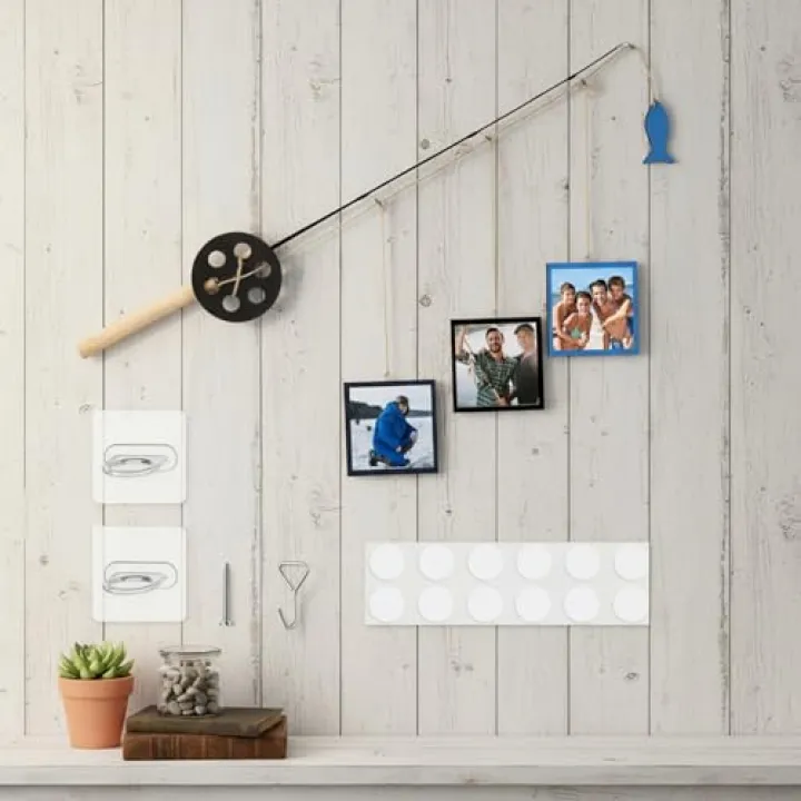 Seenelling Wood Fishing Pole Picture Frame Display with 3 Pcs 4" x 4" Frames Wood Fish Hanging Wall Decor for Lake Cabin Farmhouse Fishing Lovers Fishermen Gifts