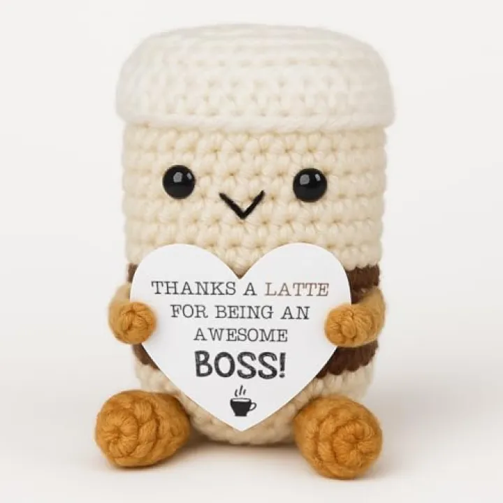 Handmade Crochet Coffee Gifts with Thanks Boss Card - Office Decoration for Birthday Party/Halloween/Thanksgiving - Presents for Manager, Supervisor, Chief, Employer from Employees & Subordinates