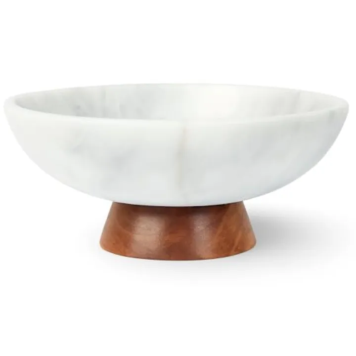 UMAID White Marble Decorative Bowl with Wood Pedestal, 10" Handcrafted Natural Stone Centerpiece with Unique Veining, Luxury Kitchen Fruit Bowl & Entryway Catch-All, for Potpourri & Coffee Table Decor