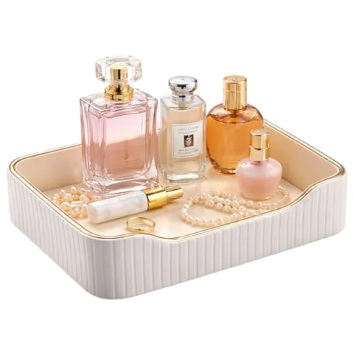 KINGFOM Prefume Tray, PU Leather Valet Tray Nightstand Organizer Trays for Men Women, Table Centerpieces Decorative Vanity Trays, Desk Organizer Tray for Key Jewelry Cosmetics (Ivory White)