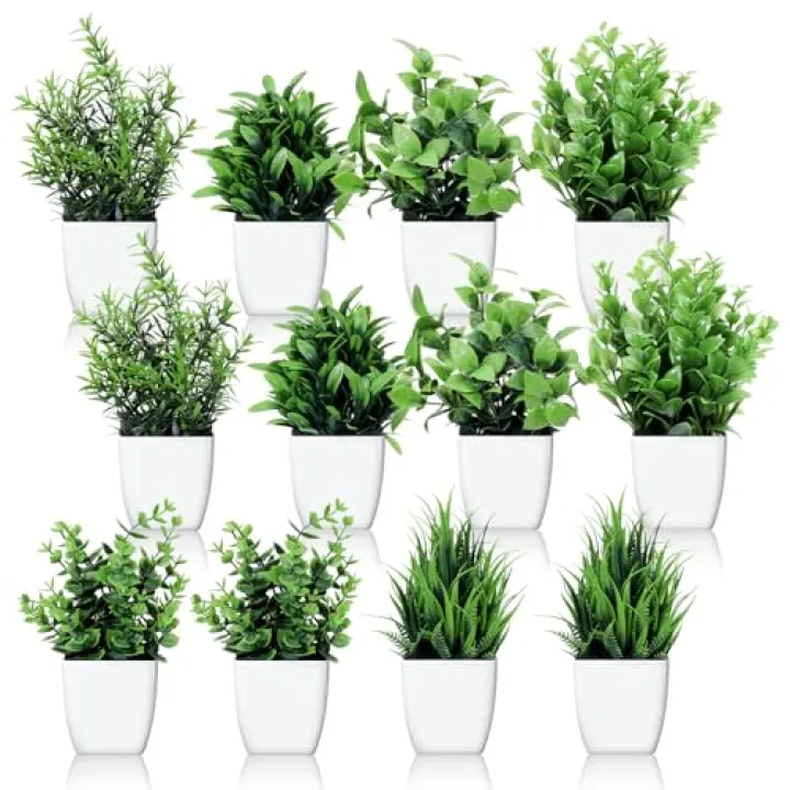 SHENLIU 12 Pot Small Fake Plant, Mini Faux Flowerpot Artificial Plastic Eucalyptus Plant Wheat Shrub Greenery for Room Home Office Shelf Decor