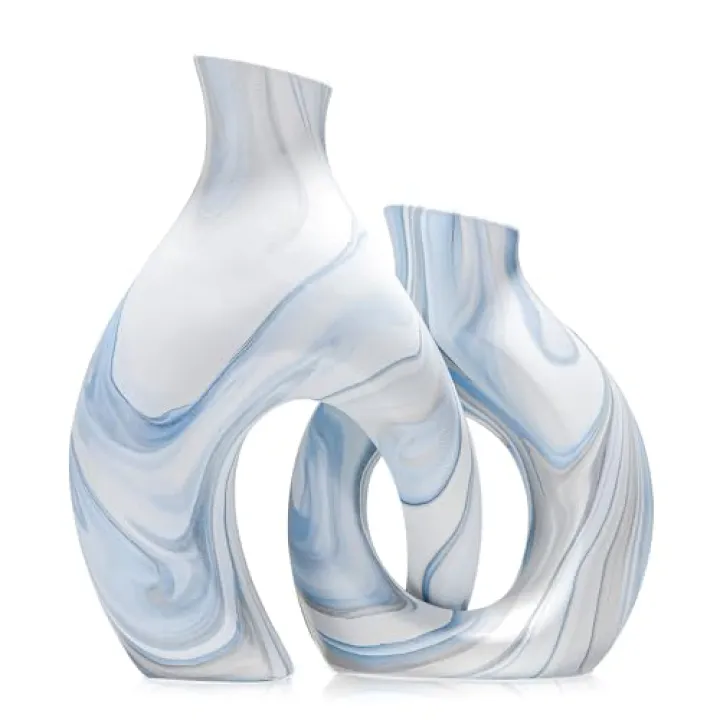 Blue Vases Set of 2, Modern Coastal Vase for Flowers, White vases for Table Centerpieces, Snuggle Hollow Vase Ceramic Decoration for Living Room, Nordic Boho Decor for Coffee Table Shelf