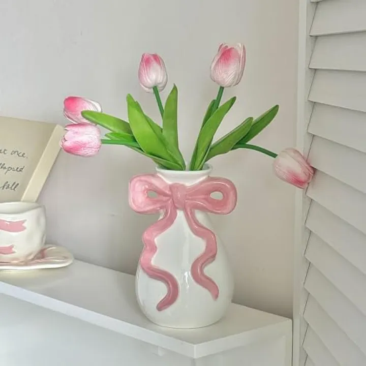 Pink Bow White Ceramic Vase, Cute Flower Vase for College Dorm Nursery Room, Coquette Girly Decoration for Apartment Bedroom