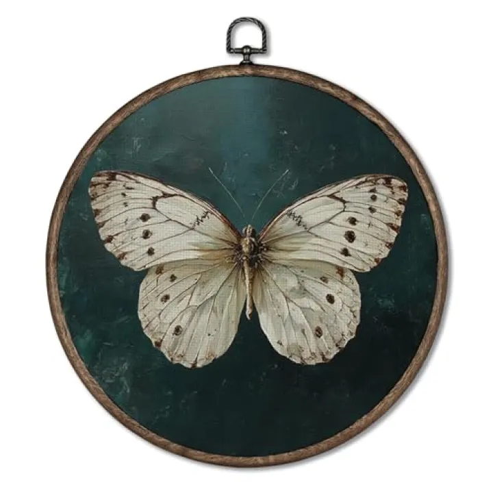 Giosve Vintage Moody Butterfly Green Round Wall Art Canvas Framed Poster, Dark Gothic Neutral Butterfly Moth Insect Hanging Wall Sculptures for Home Bedroom Living Room Decor, 10x10 Inch