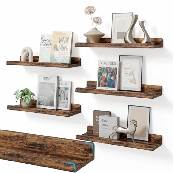 YUFLINX 16’’Rustic Brown Floating Shelves for Wall Set of 6,Rustic Wood Shelf for Room Decor/Storage/Display,Small Bookshelf,Wall Mounted Hanging Shelves for Bedroom, Bathroom, Living Room, Kitchen