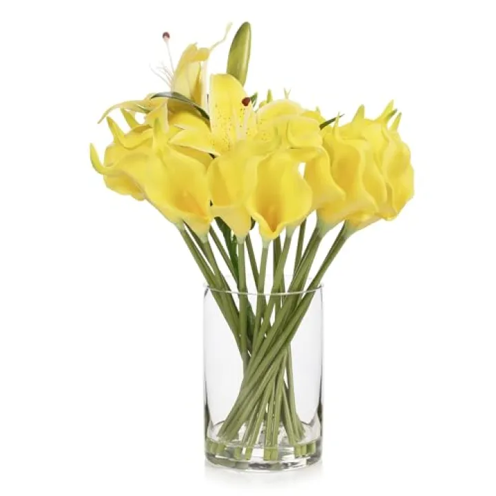 ENOVA FLORAL Real Touch Lilies Artificial Flowers with Vase, Faux Flowers Arrangement in Vase with Faux Water for Dining Table Decor, Wedding Centerpieces (Yellow)