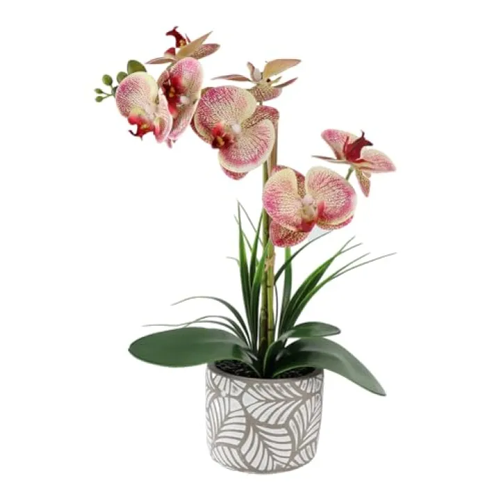 DAMSICO Artificial Orchid Flower Plant, 14.9'' Real Touch Artificial Orchid Pink with Ceramic Vase, Fake Orchids Flowers Decor for Indoor/Home Wedding/Office/Table Centerpieces Arrangements