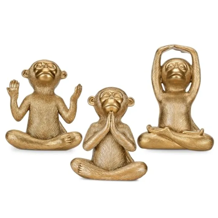 Threehoney 3 Gold Monkey Statues Decor Set Zen Monkey Figurines Cute Yoga Sculpture Spiritual for Bookshelf Living Room Desk Table Home Office Shelves Statues Decoration Gifts for Mom Women