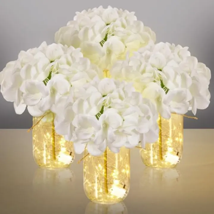 Juinte 4 Sets Mason Jar with Lights White Hydrangea Decorative White Centerpieces for Tables Mason Jars Flowers Decorations LED Farmhouse Vase for Home Wedding Event Party Decor