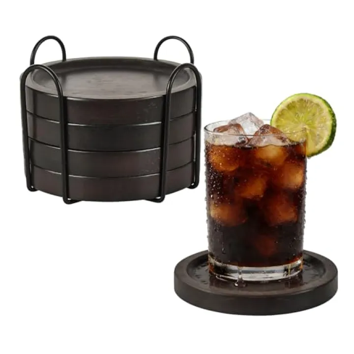 Wooden Coasters for Drinks Set of 4 with Holder - Handcrafted Solid Wood Coasters - Minimalist Tabletop Protection for Coffee Table, Rustic Home Decor & Housewarming Gift