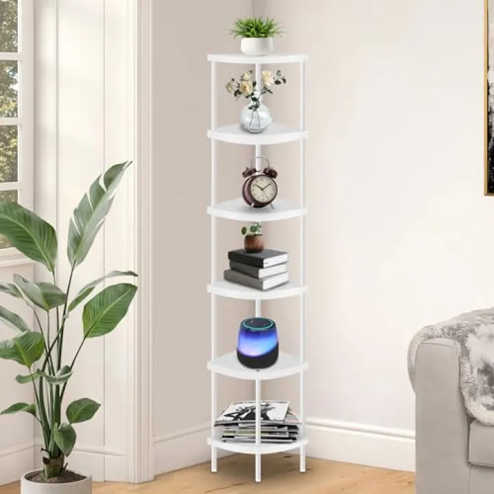 Qupui 6 Tier Corner Shelf Stand, 66” Tall Display Rack Multipurpose Shelving Unit, Storage Home Decor Organizer Shelves for Bedroom Living Room, White