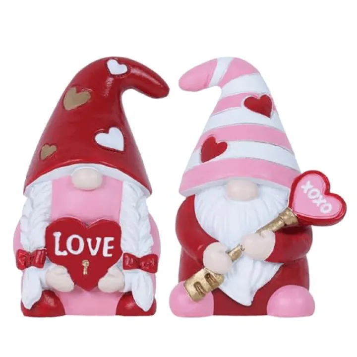 MEETYAMOR Valentines Day Decorations, 2 PCS Resin Gnomes Figurines for Valentines Day Decor, Love XOXO Sign Sweet Gnome Statues for Home Indoor Living Room Table Mantle Tired Tray Shelf, Red Pink