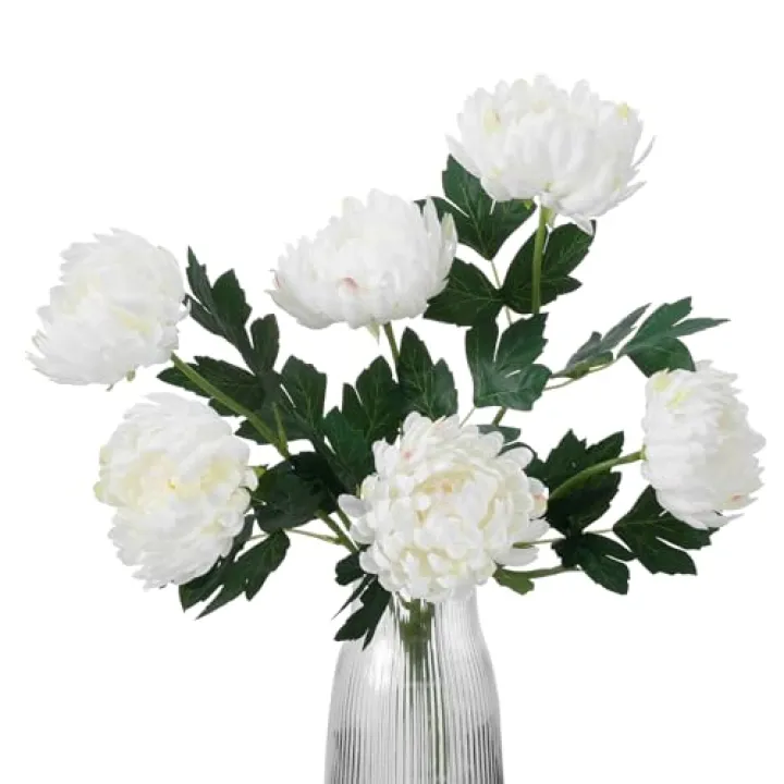 GAUIOGI 6Pcs Artificial Chrysanthemum Flowers Bouquet,18" Silk Tall Fake Mums, Bendable Long Stem Faux Falowers for Vase Arrangement, Home, Party, Wedding Centerpieces Decor (White)