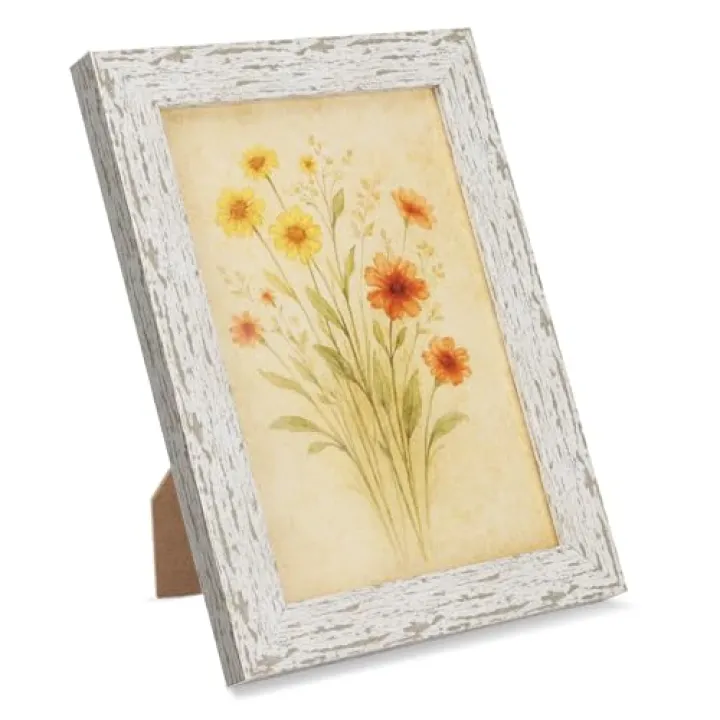 puthiac 5x7 Rustic Picture Frame, Farmhouse Distressed Wood Photo Frame, Shatterproof Acrylic Front, Wall & Tabletop, Vertical/Horizontal, Vintage Art Print Included – Distressed White