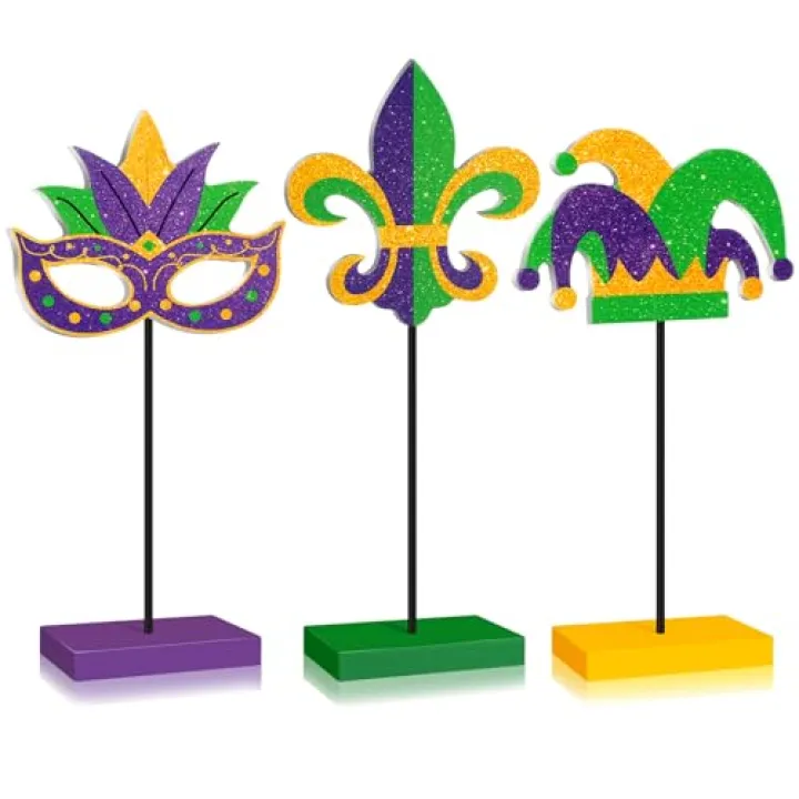 Huwena 3 Pcs Mardi Gras Centerpieces for Tables Mardi Gras Standing Wooden Table Decor Carnival Tiered Tray Decor Purple Green Gold Decorations for Masquerade Party Home Kitchen Shelf